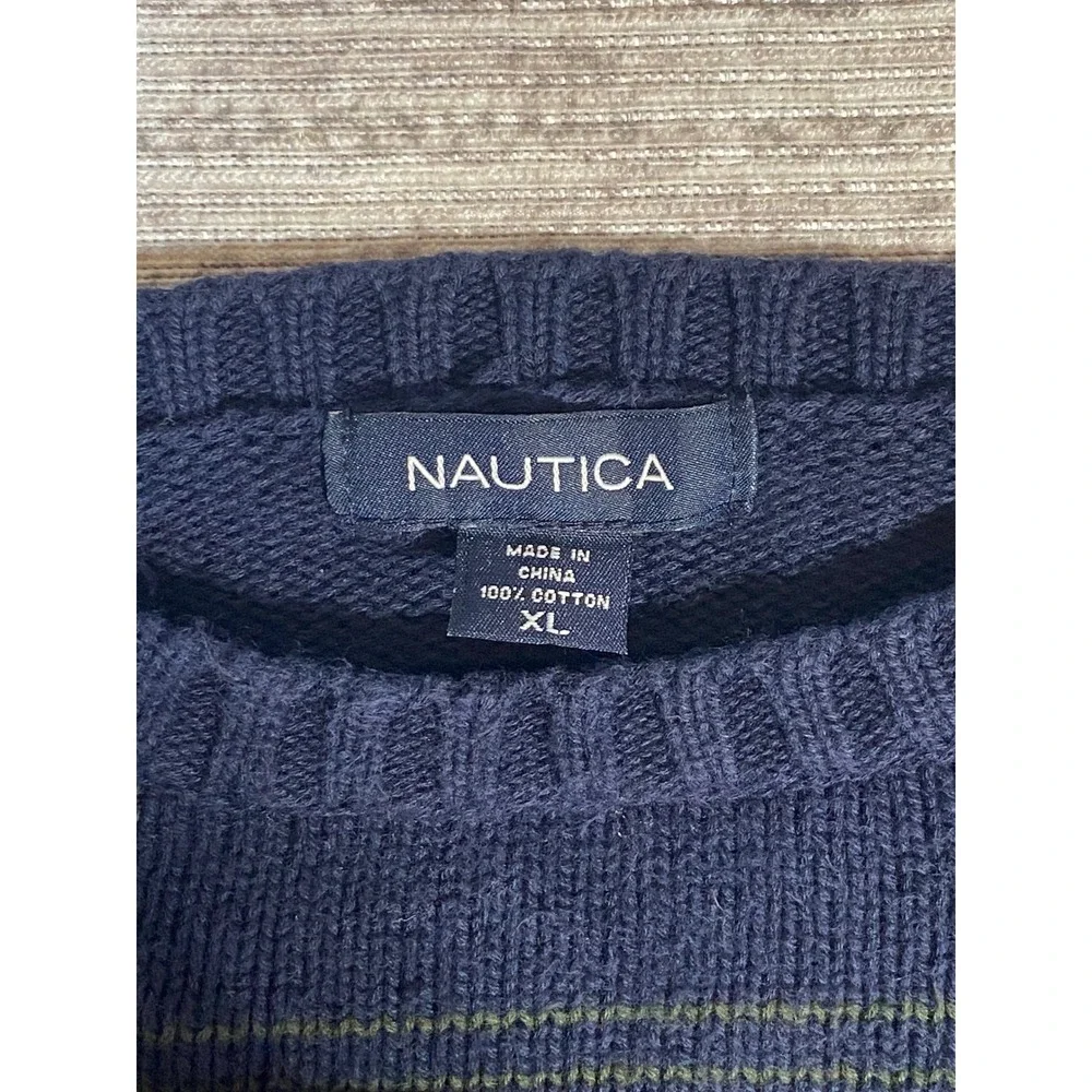 Nautica Mens XL Navy Blue Green Plaid 100% Cotton Crewneck Knit Sweater Pullover